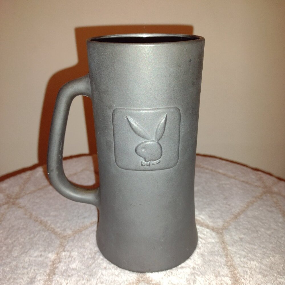 Vtg PLAYBOY Club Matte Gray Glass Beer Stein Mug w/ Bunny Logo‎
